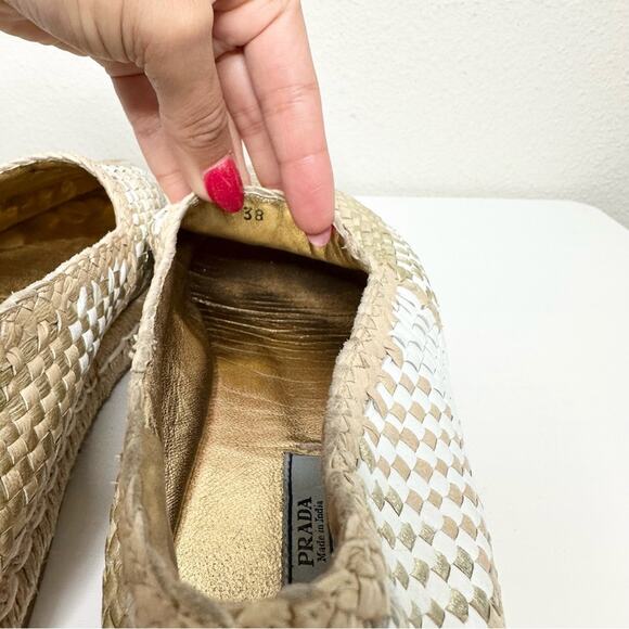 PRADA Woven Espadrilles Women's Size 38 Tan White Gold Casual - Picture 6 of 8